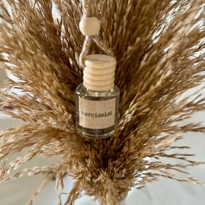 May include: A small glass bottle with a wooden cap and a gold string hanging from it. The bottle is filled with a clear liquid and has a label that says "narcissist". The bottle is hanging from a bunch of dried pampas grass.