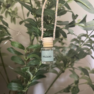 May include: A small glass bottle with a wooden cap and a white label that says "VOLCANO" hanging from a white and gold cord. The bottle is hanging from a green leafy plant.