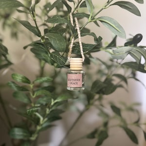 May include: A small glass bottle with a wooden cap and a pink label that says "Southern Grace". The bottle is hanging from a string and is surrounded by green leaves.