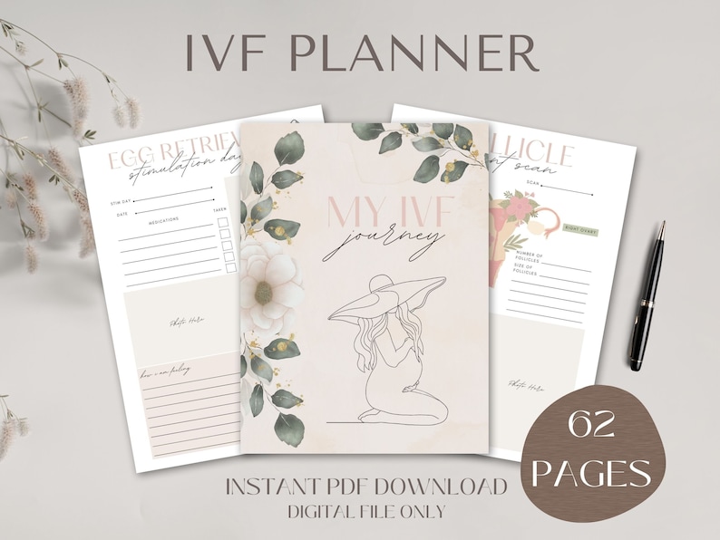 Op de afbeelding: Een printbare IVF-planner met 62 pagina's. De omslag heeft een bloemenontwerp met een vrouw in een hoed die op de grond zit. De tekst "MY IVF journey" is geschreven in een handschrift.
