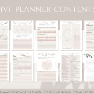 Op de afbeelding: Een printbare IVF-planner met pagina's voor het bijhouden van medicatie, eicelretrievering, twee weken wachten, HCG-beta-niveaus en notities. De pagina's hebben een lichtroze en grijze kleurschema met bloemillustraties.