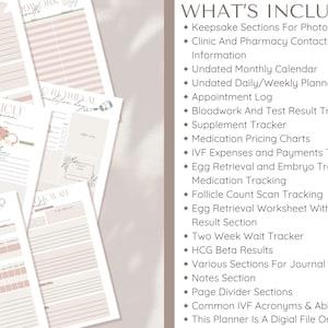 Op de afbeelding: Een printbare digitale planner voor het bijhouden van IVF-behandelingen. De planner bevat secties voor foto's, contactgegevens, afspraken, medicatiebewaking en meer. De planner is ontworpen met een roze en witte kleurschema en bevat illustraties van een baarmoeder en bloemen.