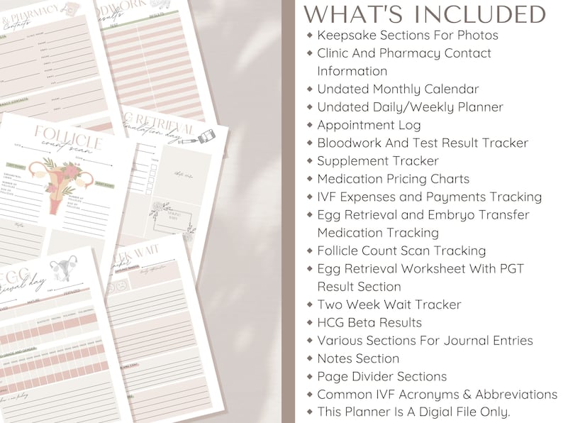 Op de afbeelding: Een printbare digitale planner voor het bijhouden van IVF-behandelingen. De planner bevat secties voor foto's, contactgegevens, afspraken, medicatiebewaking en meer. De planner is ontworpen met een roze en witte kleurschema en bevat illustraties van een baarmoeder en bloemen.