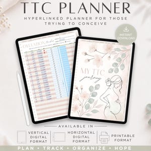 Puede incluir: Un planificador digital TTC mostrado en dos tabletas, con una página de seguimiento de ovulación y una portada con una ilustración lineal de una persona embarazada, flores rosas suaves y el texto My TTC journey y TTC PLANNER.