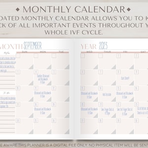 Op de afbeelding: Een printbare maandelijkse kalender ontworpen om belangrijke gebeurtenissen tijdens een IVF-cyclus bij te houden. De kalender is niet gedateerd en heeft een lichtbeige achtergrond met grijze vakjes voor elke dag. De maand september en het jaar 2023 staan bovenaan de kalender gedrukt. De kalender bevat herinneringen voor echo's en bloedonderzoek, evenals een herinnering om "Start Stimuleren" en "Trigger Shot om 20:30 uur nemen".