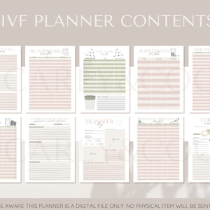Op de afbeelding: Een printbare IVF-planner met een roze en groene kleurschema. De planner bevat secties voor het bijhouden van medicijnen, bloedonderzoek, supplementen, uitgaven en follikelgroei.