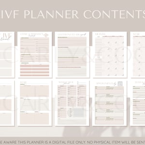 Op de afbeelding: Een printbare IVF-planner met pagina's voor het bijhouden van afspraken, medicijnen en procedures. De planner heeft een lichtroze en witte kleurstelling met geometrische patronen.