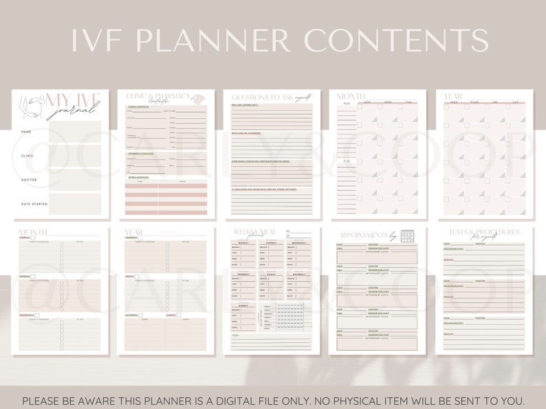 Op de afbeelding: Een printbare IVF-planner met pagina's voor het bijhouden van afspraken, medicijnen en procedures. De planner heeft een lichtroze en witte kleurstelling met geometrische patronen.