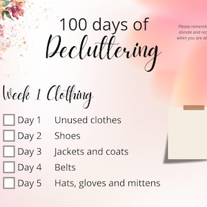 100 days of decluttering, list with 100 items to clean + sort, download A4 + letter size
