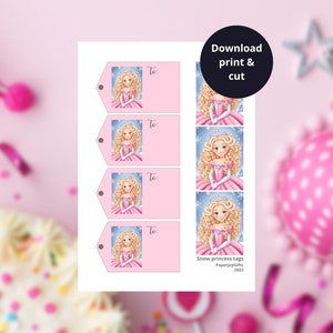 Snow princess gift tags for birthday party favors and other princess gifts, download, print at home and cut