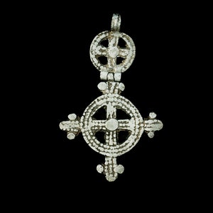 Ethiopian vintage traditional Coptic cross handmade pendant with hinged section -of white metal from C18th