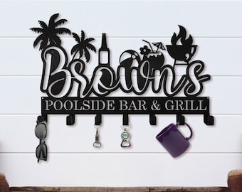 Poolside Bar & Grill Metal Key Holder: Tropical Patio Decor