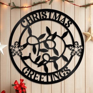 Christmas Greetings Metal Sign – Holiday Lights Wall Décor – Festive Winter Metal Art – Rustic Christmas Porch Decor – Seasonal Home Décor