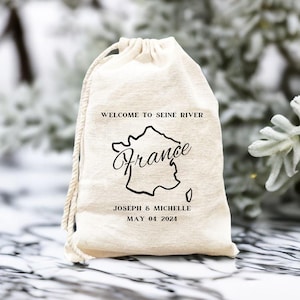 Op maat gemaakte Welcome To Seine River-tas, trouwbedankjes Frankrijk bestemming, tas landkaart landoverzicht Frankrijk, bedankzakjes bruiloft strand strand