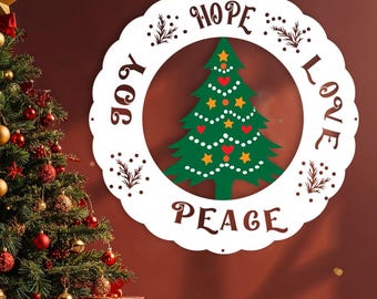 Joy Hope Love Peace Holiday Metal Sign, Christmas Wreath Wall Decor, Christmas Tree Wall Art, Festive Winter Sign, Farmhouse Christmas Decor