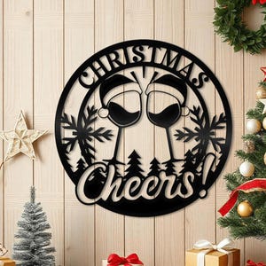 Christmas Cheers Metal Sign – Holiday Wine Glass Wall Art – Christmas Party Decor – Festive Metal Sign – Rustic Winter Bar & Kitchen Decor