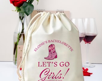 Bolsa de regalo personalizada "Vamos Chicas" para despedida de soltera en Nashville - Bolsa de regalo con temática del Oeste - Bolsa con cordón y botas vaqueras