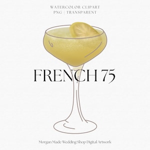 French 75 Clipart PNG, Gin-Cocktail PNG, Hochzeitsgetränk Illustration, digitale Grafik, Bar Menü Zeichen, Aquarell Cocktail