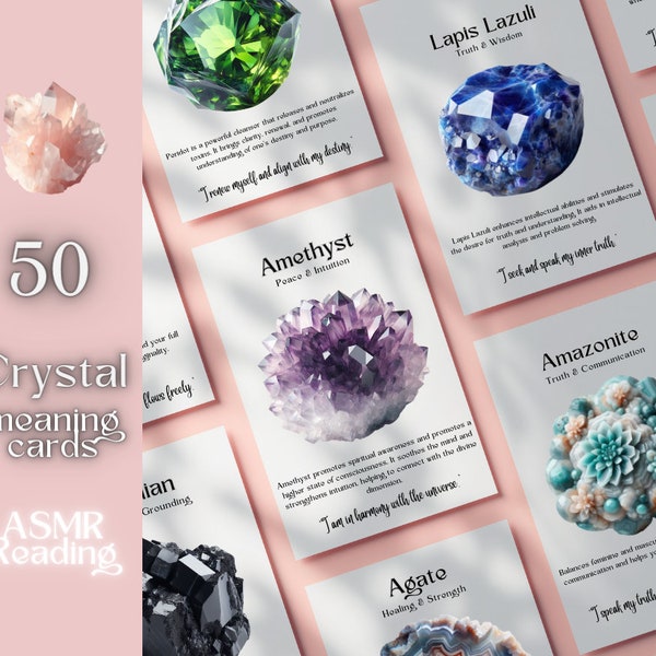 50 Editable Crystal Meaning Cards, Printable Gemstone Meaning Cards, Printable Gemstone Cards, Digital, Instant Download,ASMR reading Option