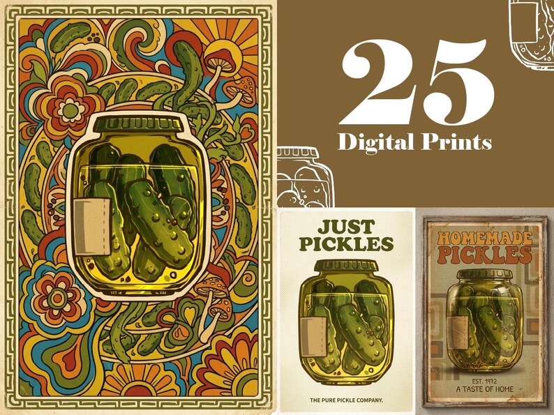 Homemade Pickle Sign 25 Retro Pickle Wall Art | Funny Kitchen Printable Poster Bundle ...