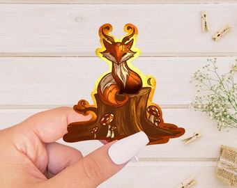 Fall Fox Sticker: Autumn Log & Mushrooms, Full Color