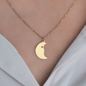 14K Solid Gold Moon Necklace for Women
