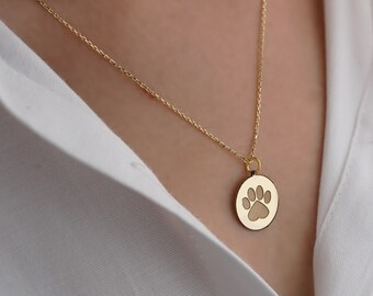14K Gold Paw Print Necklace - Personalized Pet Memorial Jewelry - Custom Engraved Dog Name Necklace - Tribute to Beloved Pets