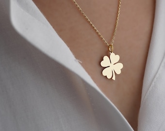 14K Solid Gold Four Leaf Clover Necklace, Good Luck Pendant Necklace