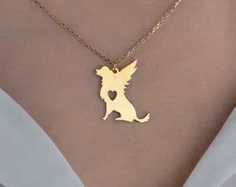 14K Solid Gold Angel Dog Necklace, Dog Loss Memorial Gift, Dog Lover Gift Necklace, Dog with Wing Necklace