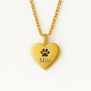 Personalized Pet Memorial Necklace • Custom Paw Print Heart Pendant • 14K Gold • Dog or Cat Loss Gift with Name