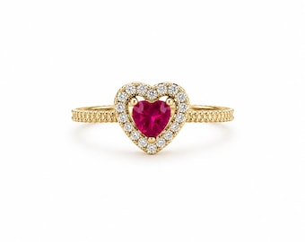 14K Solid Gold Heart Ruby Ring, Diamond Halo Ring, Heart Cut Ruby Engagement Ring, Promise Ring, Valentine Gift for Her, Fine Jewelry