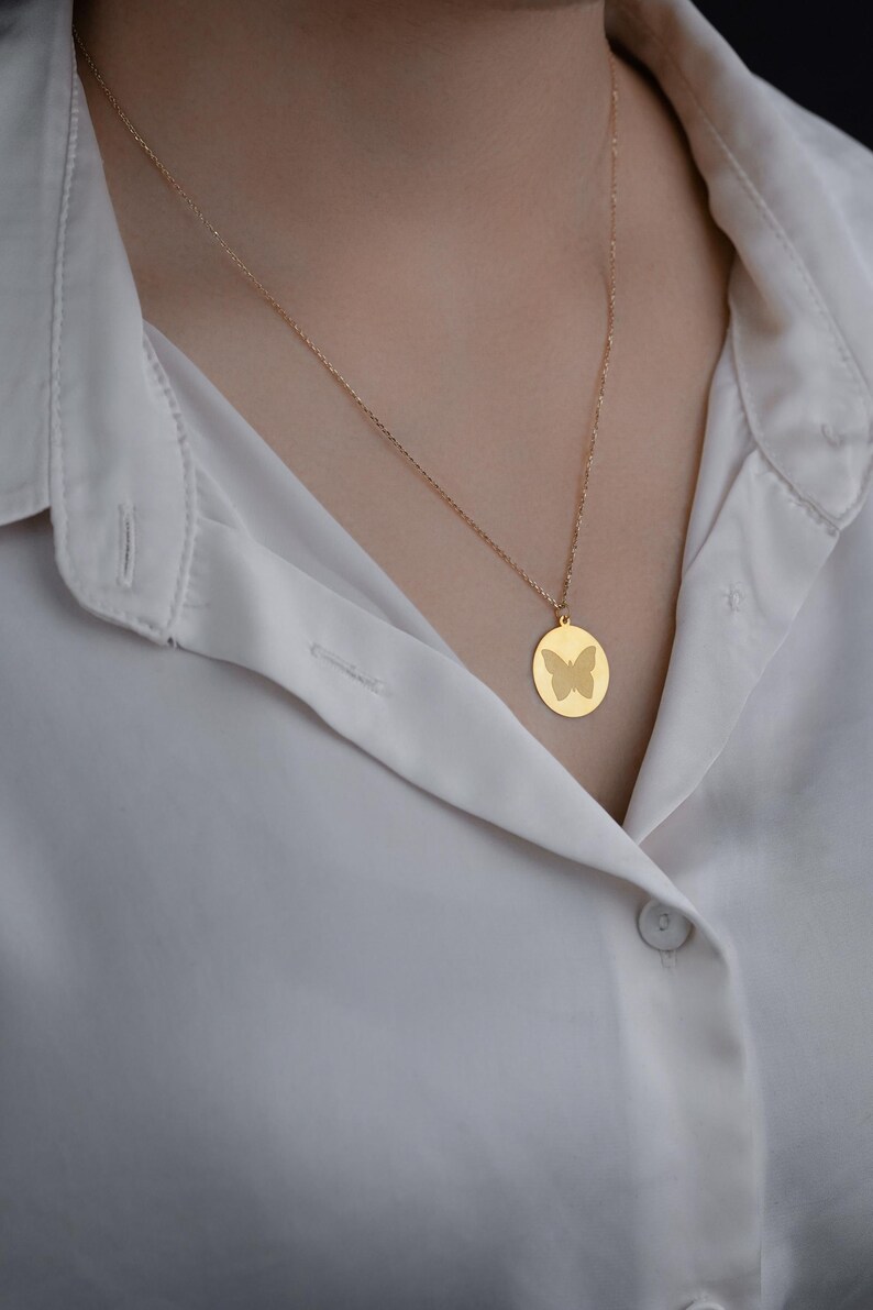 14K Solid Gold Butterfly Necklace - Delicate Minimalist Butterfly Pendant - Symbol of Transformation and Beauty - Dainty Gold Jewelry image 1