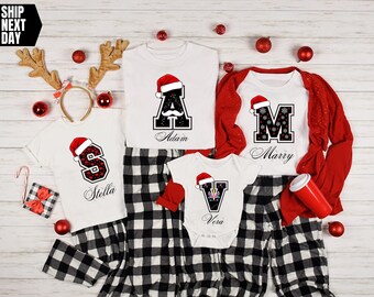 Personalized Santa Hat Initial Christmas Shirt: Matching Family Pajama Top