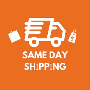 May include: White graphic of a delivery truck with speed lines, a shopping bag, and a price tag with a dollar sign, all on an orange background. The words "SAME DAY SHIPPING" are written in white below the truck.