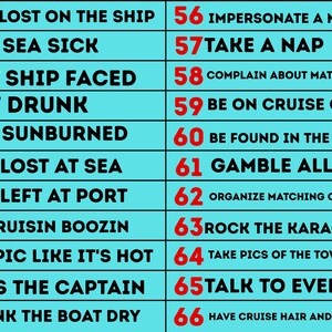 Op de afbeelding: Een turquoise afbeelding met een lijst met cruise-activiteiten, genummerd van 45 tot 66. Tekst bevat zinnen als 'Dronken worden', 'Cruisen' en 'Cruisehaar hebben en het niet erg vinden'.