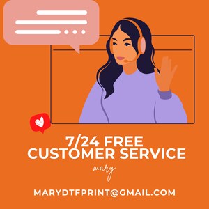 May include: An orange graphic with a customer service theme. It features a woman wearing a headset, a speech bubble, and the text "7/24 FREE CUSTOMER SERVICE". A heart icon is in the lower left corner.
