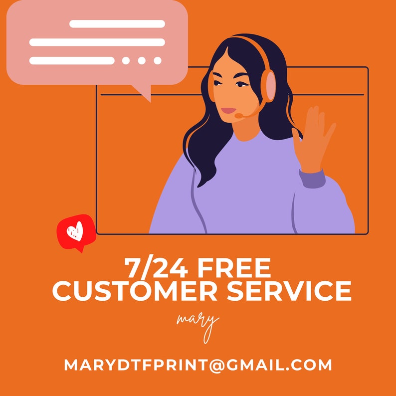 May include: An orange graphic with a customer service theme. It features a woman wearing a headset, a speech bubble, and the text "7/24 FREE CUSTOMER SERVICE". A heart icon is in the lower left corner.