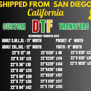 May include: A graphic with text promoting custom DTF transfers. The text includes size recommendations for adults, youth, and pockets, with width measurements in inches. The graphic also lists various transfer sizes and prices.