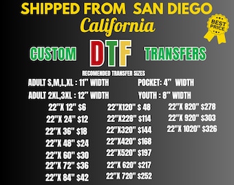 Custom DTF Gang Sheet Heat Transfer Print T-Shirt Iron On Transfer Same Day Ship DTF Transfers Ready to Press Made in California