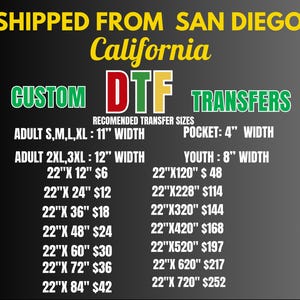 May include: A black informational graphic with yellow, red, and green text reading CUSTOM DTF TRANSFERS. It lists recommended sizes for adult, pocket, and youth transfers in inches, alongside a detailed price list for various dimensions in inches.