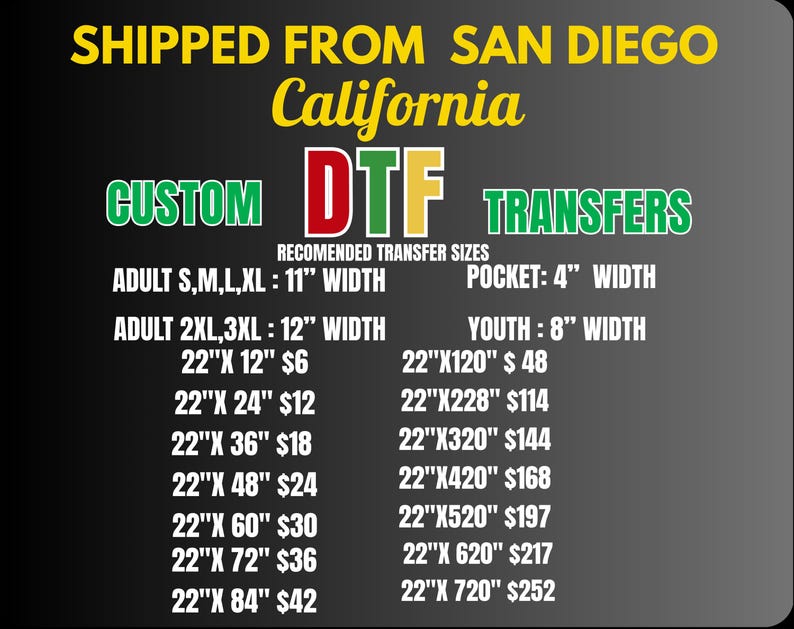 May include: A black informational graphic with yellow, red, and green text reading CUSTOM DTF TRANSFERS. It lists recommended sizes for adult, pocket, and youth transfers in inches, alongside a detailed price list for various dimensions in inches.
