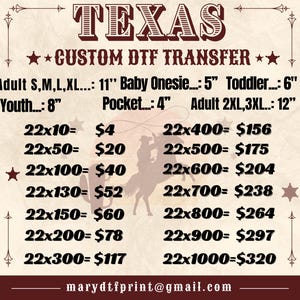 May include: A beige graphic featuring the word "TEXAS" in a western-style font, with "CUSTOM DTF TRANSFER" below. Sizes are listed for various garments, including adult, baby, toddler, youth, and pocket sizes. A silhouette of a cowboy on a horse is in the center.