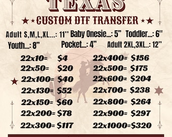 Texas Custom DTF Transfer, Fast Shipping USA, Ready to Press Heat Transfers for T-Shirts, Bulk DTF Print Service, Custom Cold Peel Transfer
