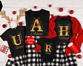 Christmas Glitter Letter Shirt Personalized Glitter Initial T-Shirt Custom Holiday Name Tee Gold Reindeer Alphabet Sweatshirt Xmas pajamas