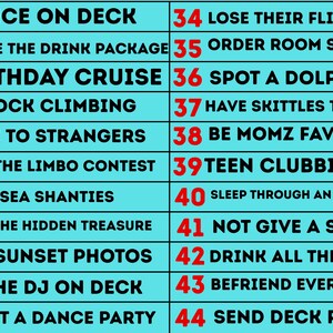 Op de afbeelding: Een lijst met cruise-activiteiten op een turquoise achtergrond. De tekst is zwart met rode nummers, met zinnen als "Dansen op het dek", "Een dolfijn spotten" en "Alle wijn drinken".