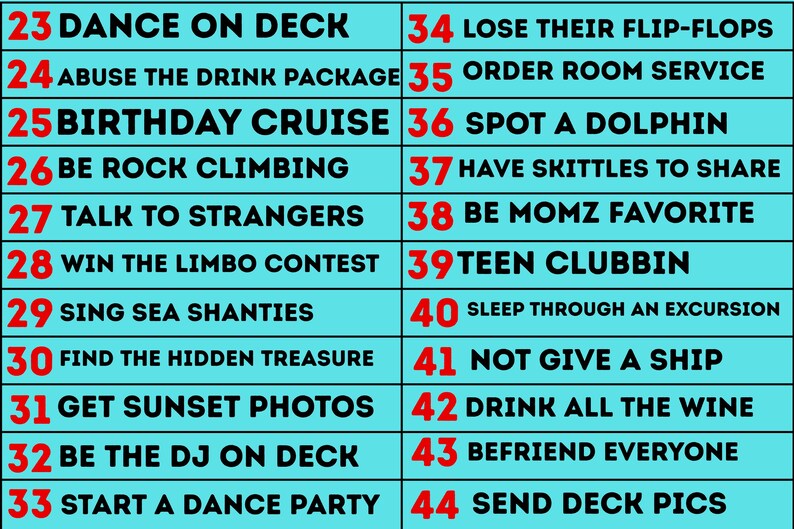 Op de afbeelding: Een lijst met cruise-activiteiten op een turquoise achtergrond. De tekst is zwart met rode nummers, met zinnen als "Dansen op het dek", "Een dolfijn spotten" en "Alle wijn drinken".