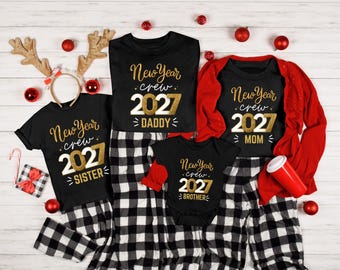 Personalized New Year Crew 2027 Shirts: Matching Family NYE Glitter Print