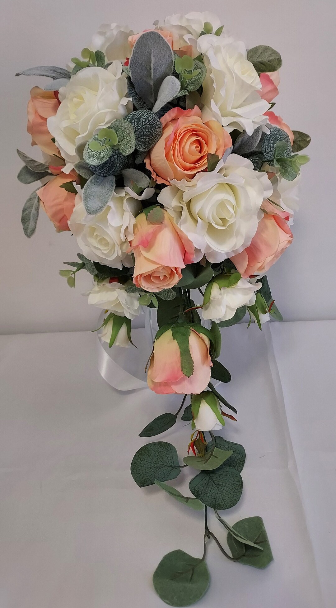 Peach Rose Cascade Wedding Bouquet: Beaded Handle, Satin Ribbon - Etsy