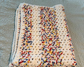 Handmade Crochet Baby Blanket - Soft & Cozy baby blanket in color rush of red, yellow, blue, and cream - perfect baby show gift
