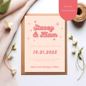 Editable Pink Retro Wedding Invitation | Vintage Printable Invite | Canva Template | Retro Bridal Shower or Save the Date